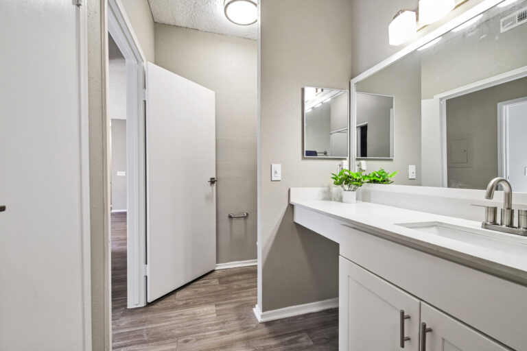 Renovated bathroom with lots of counter space