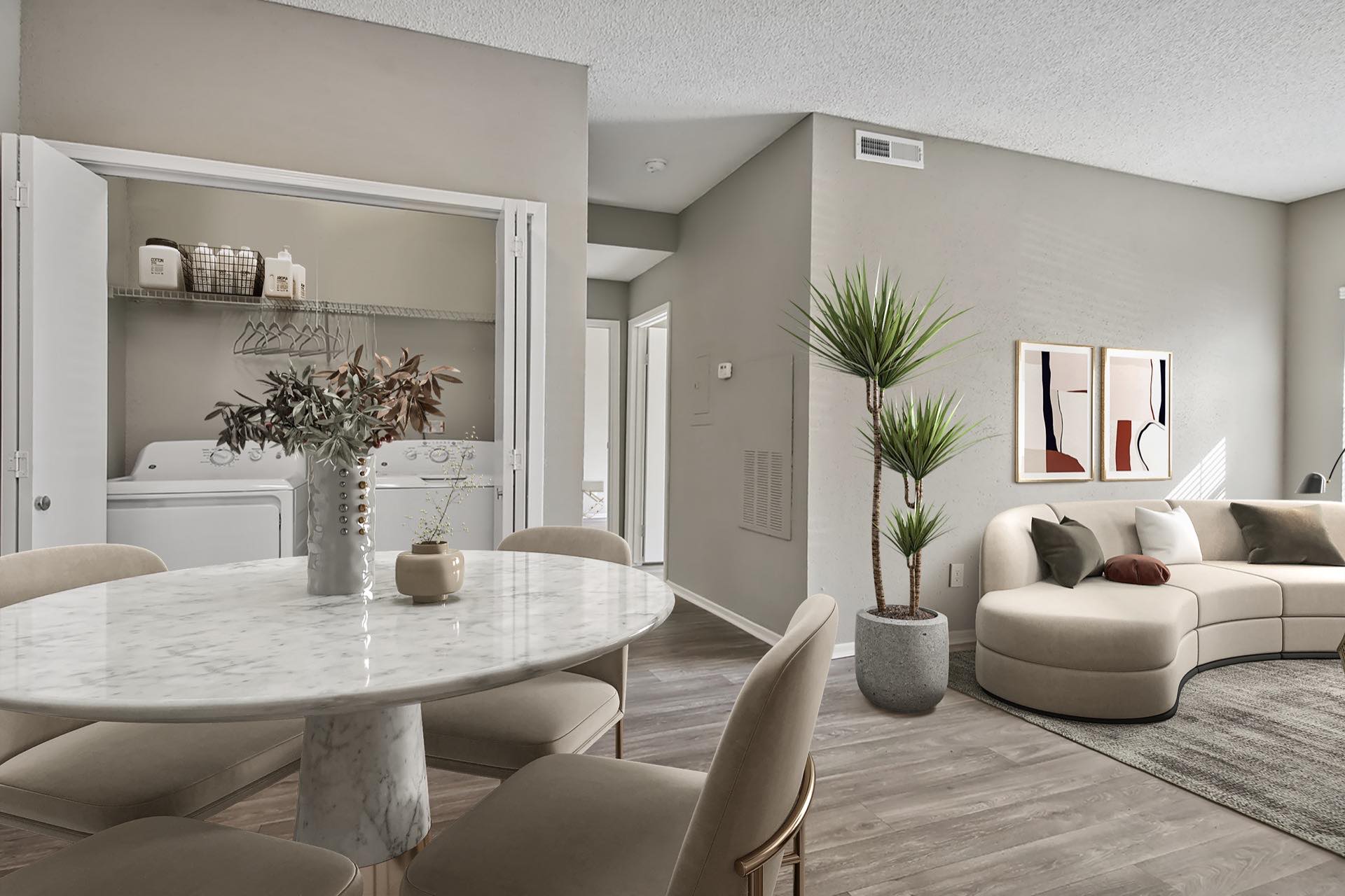 open living room and dining space with utility closet