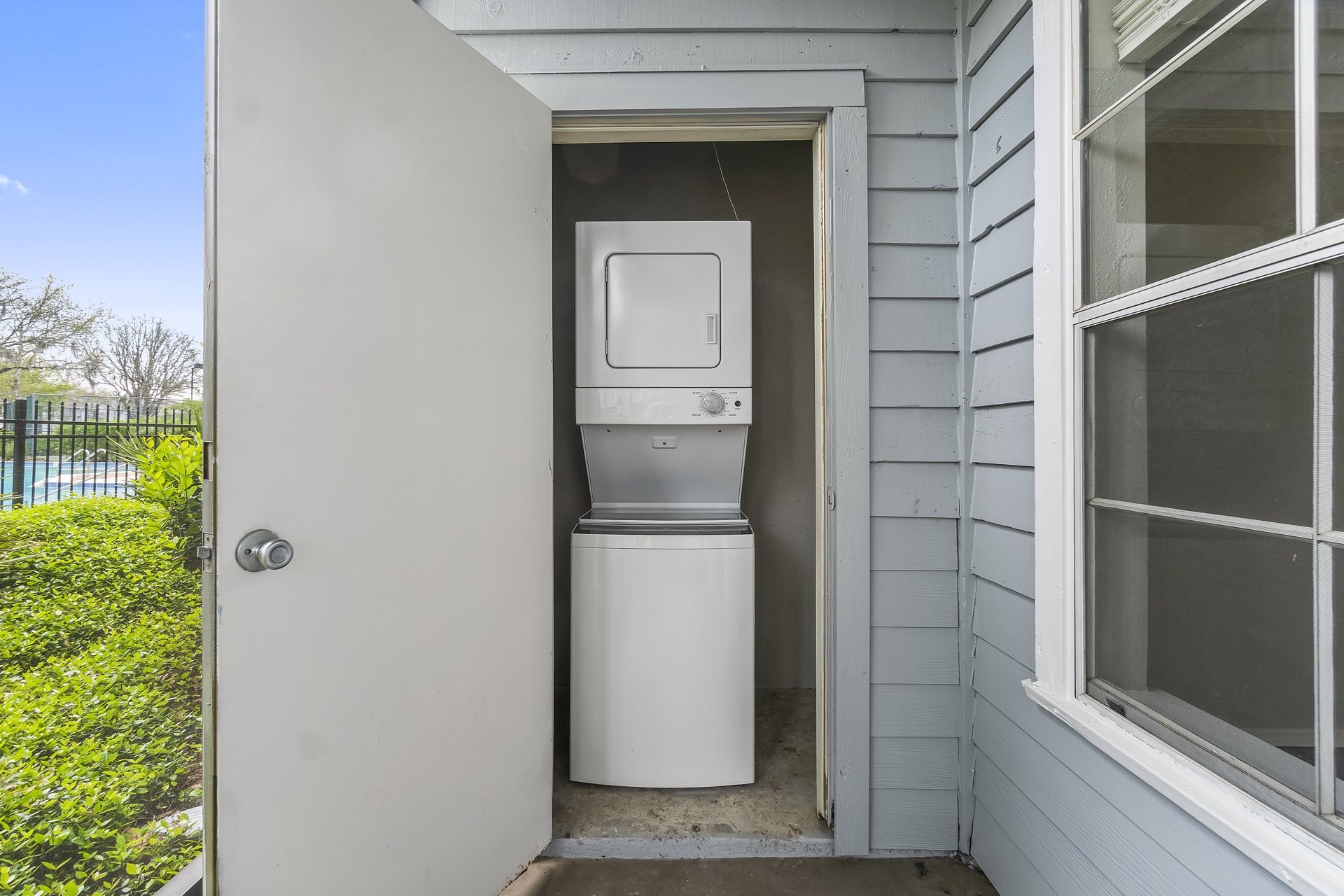 outdoor utility closet with stacking units